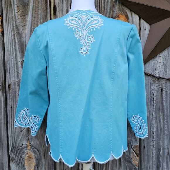 Blue Embroidered Blazer Bob Mackie L Stretch Jacket White Paisley Scallop Edge - Picture 4 of 10